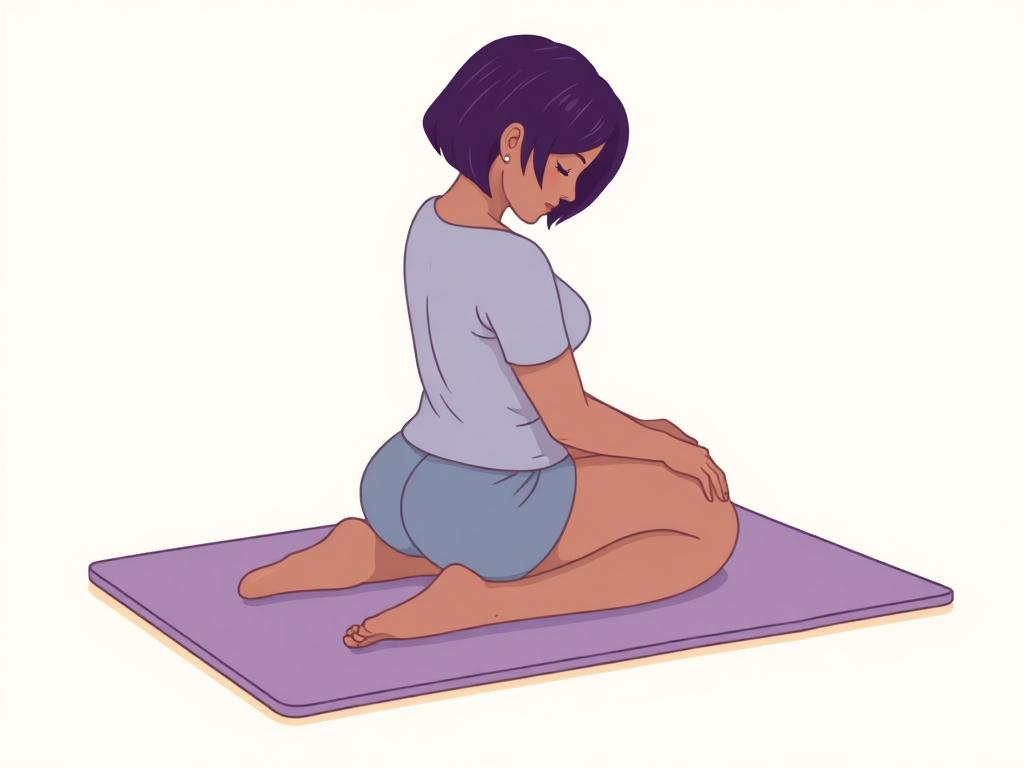 Icke-binär person med medelmörk hud och kort lila hår knäböjer på en lila matta och rullar mjukt mellan knäna.