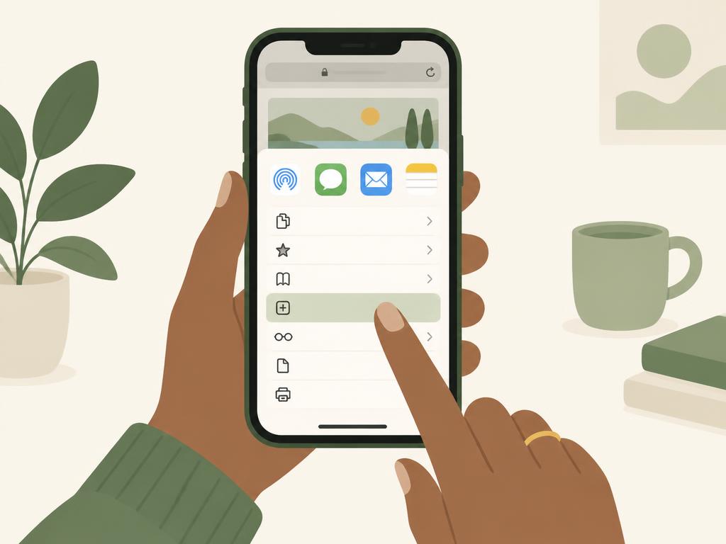 Illustration av en hand som trycker på Lägg till på hemskärmen i Safaris delningsmeny på en iPhone.